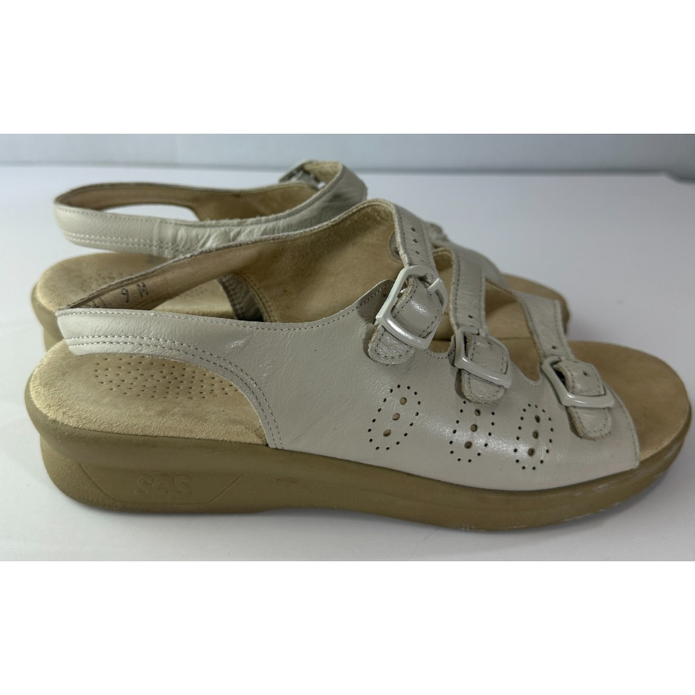 SAS Slingback Triple Buckle Leather Sandals Tripad Comfort Flats Beige Size 9M 9 - Picture 7 of 15